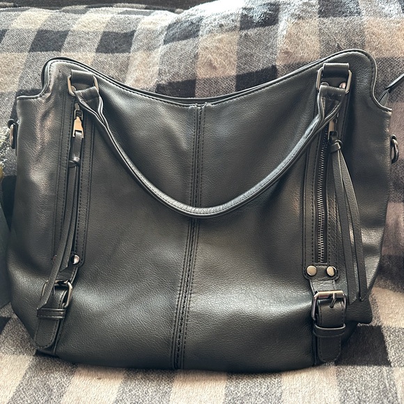 🌟REALER Beautiful Black Pebbled Leather Purse, 13”x17”,Fringe Zipper-Pulls🖤Sassy - Picture 2 of 15